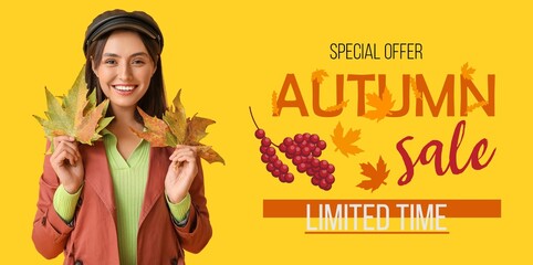 Obraz premium Banner for autumn sale with with young woman holding fallen leaves