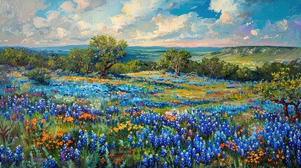 A vibrant Texas landscape with bluebonnets and wildflowers under a cloudy sky