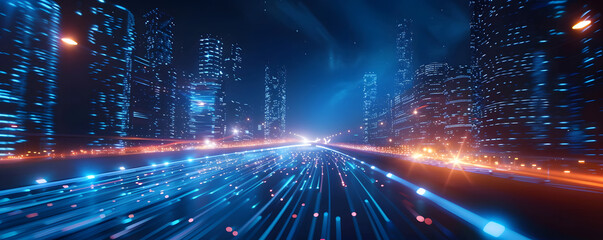A vibrant, high-tech cityscape featuring streams of digital data flowing rapidly through a futuristic urban environment. 