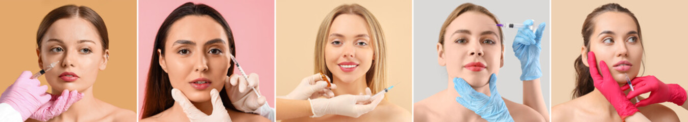 Collage of young women receiving filler injections in face