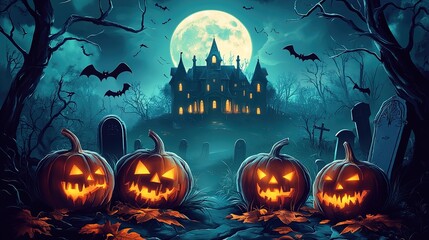 Happy Halloween banner or party invitation background with clouds, bats and pumpkins. Vector illustration. sky, spiders web.illustration.