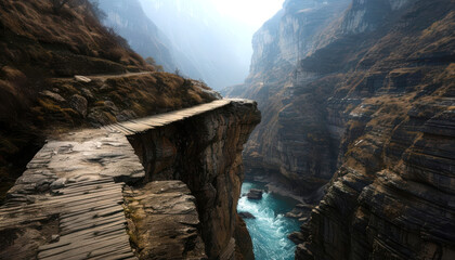 A narrow path leads to a cliff edge overlooking a rushing river in a dramatic mountain canyon.