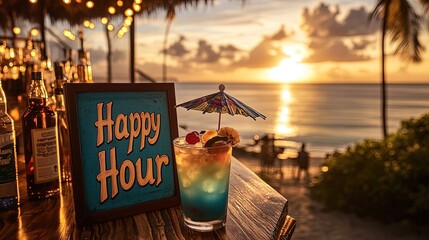 Vibrant Beach Bar at Sunset with Colorful Tropical Cocktail - Perfect for Summer Party Themes and Social Media