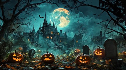 Happy Halloween banner or party invitation background with clouds, bats and pumpkins. Vector illustration. sky, spiders web.illustration.