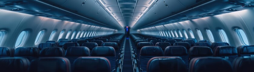 Fototapeta premium Empty airplane cabin with blue seats and overhead compartments