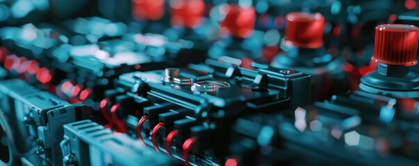 Close-up of a circuit board with red knobs and wires. Technology, electronics, hardware.