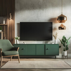 Interior of living room, Modern mid century and minimalist interior of living room ,leather armchair with table on white wall and wood floor ,3d render