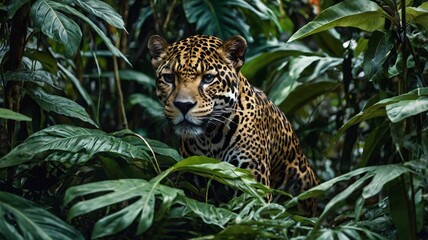 a jaguar camouflaged among the leaves