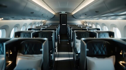 Fototapeta premium Empty luxury airplane cabin with comfortable seats.