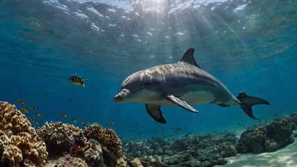 A dolphin swims among colorful coral reefs in the ocean