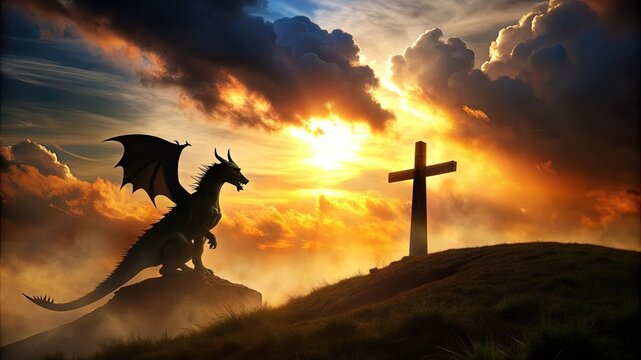 Silhouette of dragon beast monster symbolizing evil satan devil demon serpent snake standing against the glowing wooden cross on a hill, symbol of Jesus Christ crucifixion. Religious exorcism, God