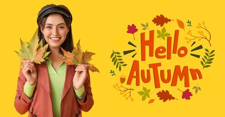 Banner with stylish young woman with fallen leaves. Hello autumn