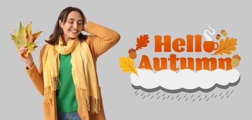 Banner with stylish young woman with fallen leaves. Hello autumn