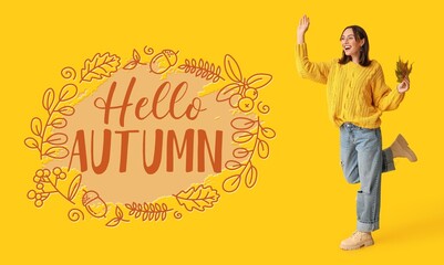 Banner with stylish young woman with fallen leaves. Hello autumn