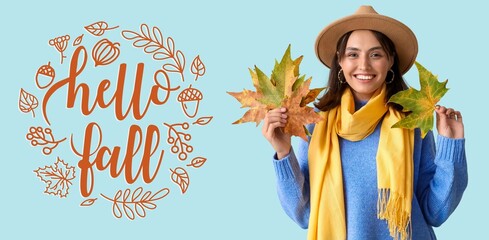 Banner with stylish young woman with fallen leaves. Hello fall