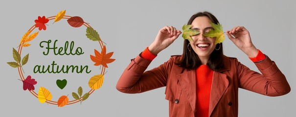 Banner with stylish young woman with fallen leaves. Hello autumn