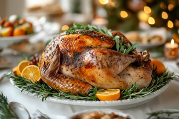 A beautifully roasted Thanksgiving turkey garnished with fresh herbs and orange slices, ready to be served at a festive dinner