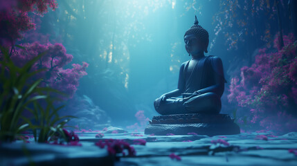 Serene Buddha in Mystic Grotto: A majestic Buddha statue finds peace amidst a bioluminescent, ethereal cavern, emanating tranquility and spiritual awakening.  