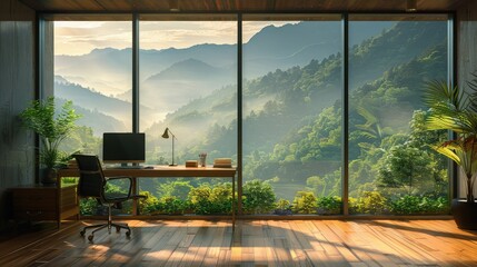 Minimalist study space with a large window view of nature