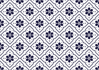 dark blue symbol floral on White background, ethnic fabric seamless pattern design for cloth, carpet, batik, wallpaper, wrapping etc.