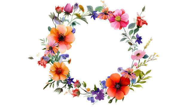 round flowers and green leaves frame illustration,generative ai