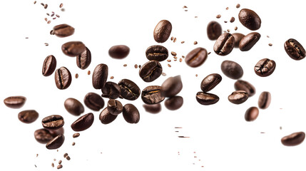 Obraz premium falling roasted brown coffee beans on white background,generative ai