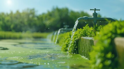 Naklejka premium Outdoor Water Tap Flowing into Pond