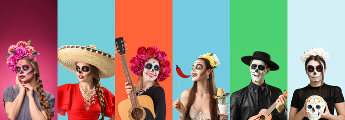 Set of people with painted skulls on faces against color background. Celebration of Mexico's Day of the Dead (El Dia de Muertos)