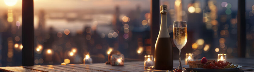 A bottle of champagne and a glass on a table with a city view in
