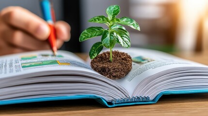 A hand writing in a book with a small plant growing from its pages, symbolizing knowledge and growth.