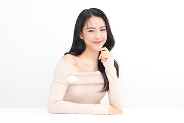 Obraz premium Beautiful young asian woman with clean fresh skin on white background, Face care, Facial treatment, Cosmetology, beauty and spa, Asian women portrait.