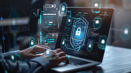 Business Professional Using Laptop with Security Icons and Safety Analytics, Blurred Background, Canon EOS R5"