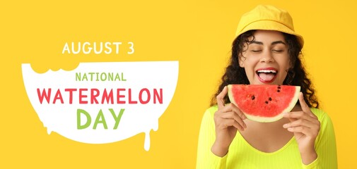 Banner for National Watermelon Day with happy African-American woman