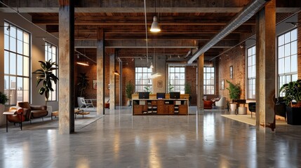 Fototapeta premium Modern industrial interior with exposed beams and polished concrete floors