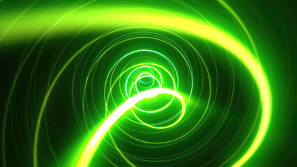 Abstract bright glowing green background tunnel with flying lines of energy particles and light rays