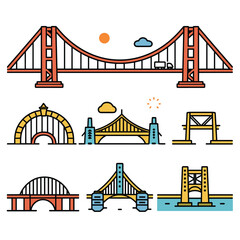 Collection colorful bridge illustrations showcasing different types, styles, structures. Top center large red suspension bridge, famous landmark, against sky backdrop small clouds sun. Middle row