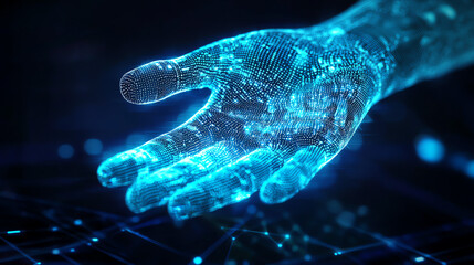 Digital Representation of a Futuristic Hand Reaching Out in Virtual Space With Neon Patterns