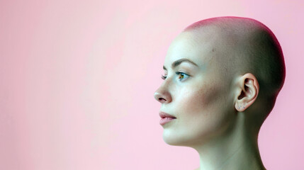 Bald woman, pink background. Alopecia awareness month. Female head without hair. Hair loss. Horizontal banner. Free space for text. Alopecia areata, baldness after chemotherapy, hair transplant