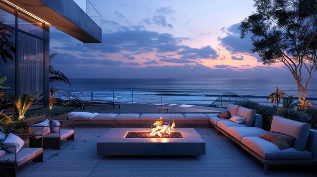 A contemporary terrace lounge featuring a stylish fire pit, comfortable sectionals, and a breathtaking view of a tranquil beach at dusk, with the gentle sound of waves in the background.