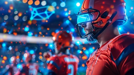 Futuristic sports event with athletes using holographic performance tracking and interconnected devices, representing the impact of advanced technology on sports, with copy space for text
