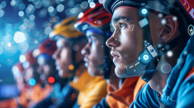 Futuristic sports event with athletes using holographic performance tracking and interconnected devices, representing the impact of advanced technology on sports, with copy space for text