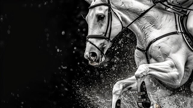 Horse close-up on show jumping. Horse riding competition. Black and white color. White animal. Old photo.