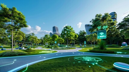 Futuristic urban park with holographic guides and IoT-connected environmental controls, highlighting the integration of advanced technology in public spaces, with copy space for text