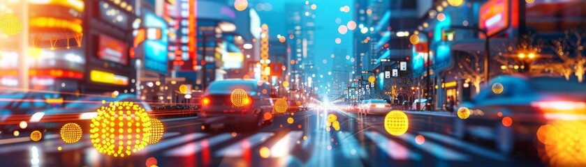 Fototapeta premium Smart city at night with illuminated holographic signs and interconnected infrastructure, showcasing the vibrant and dynamic nature of modern urban environments, with copy space for text