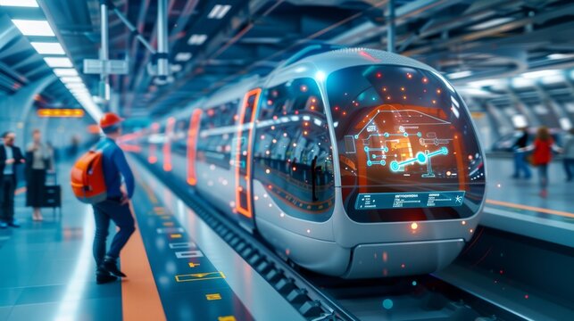 Futuristic transportation hub with holographic displays and IoT-enabled infrastructure, showcasing the efficiency and connectivity of modern public transit, with copy space for text