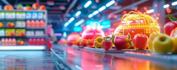 Futuristic retail environment with holographic product displays and IoT-connected inventory management, highlighting the enhanced shopping experience through advanced technology, with copy space for