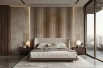 Minimalist Modern Bedroom Interior with Vertical Panel Accent Wall and Brass Framed Headboard, Complemented by Dark Wood Furniture and Glass Balcony Door.