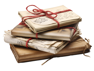 a stack of old books tied with red string
