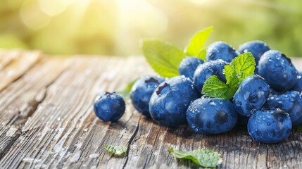 Vibrant cluster of fresh blueberries on a rustic wooden table, sunlight casting gentle shadows, surrounded by mint leaves and morning dew