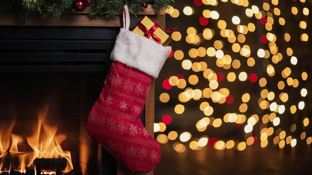 Red Christmas stocking filled with festive gifts hangs from fireplace mantel
